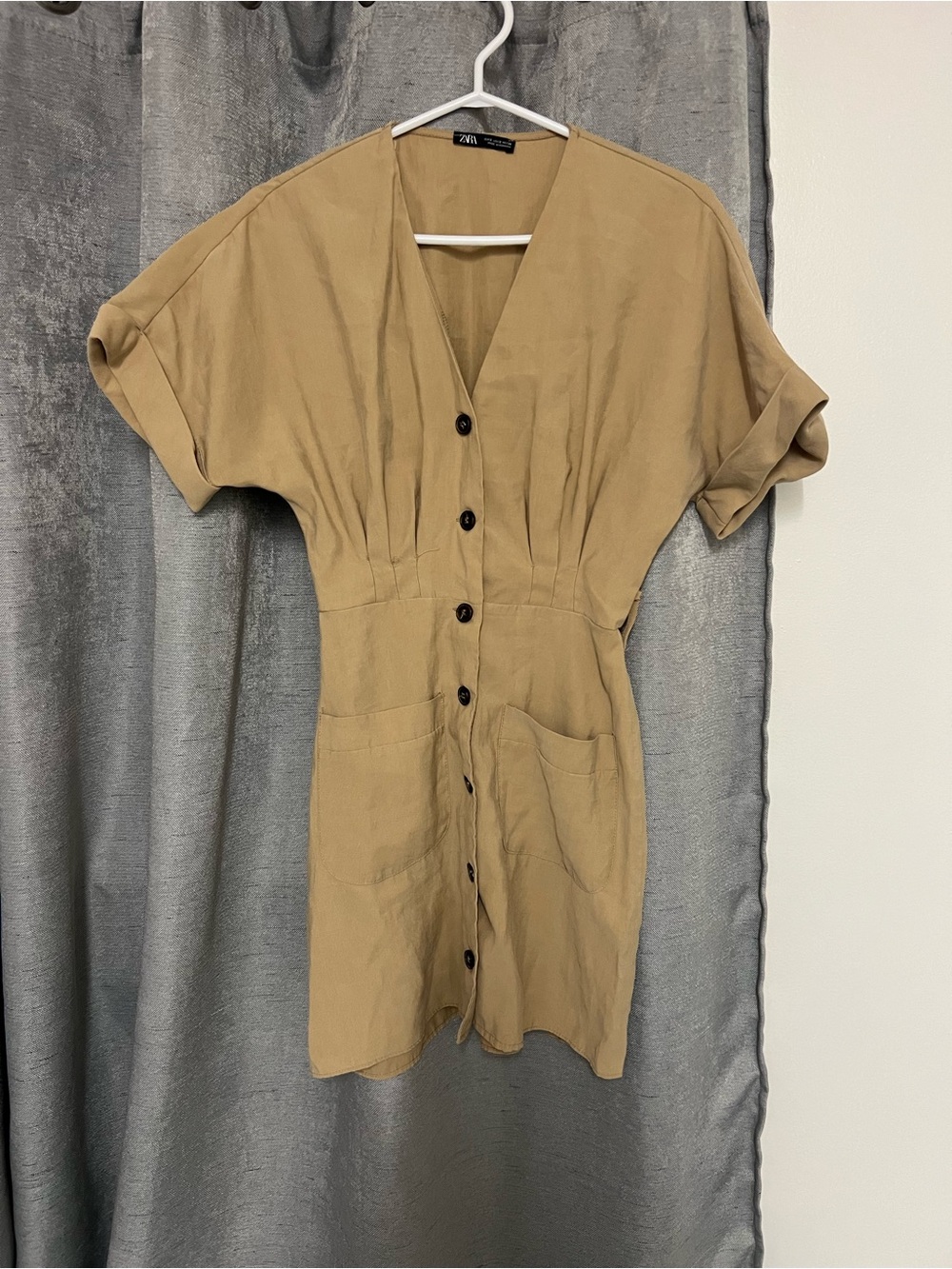 Zara Tan V-Neck Button-Front Dress